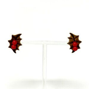 Vintage Holly Berry Earrings 50s Brown Red Christmas Screw Backs